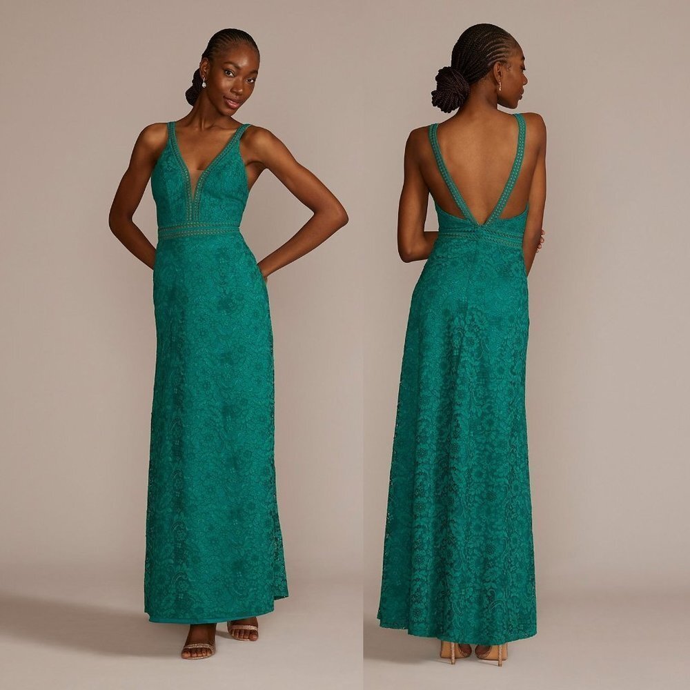 David's Bridal Emerald Green Lace V-Neck Prom Dress